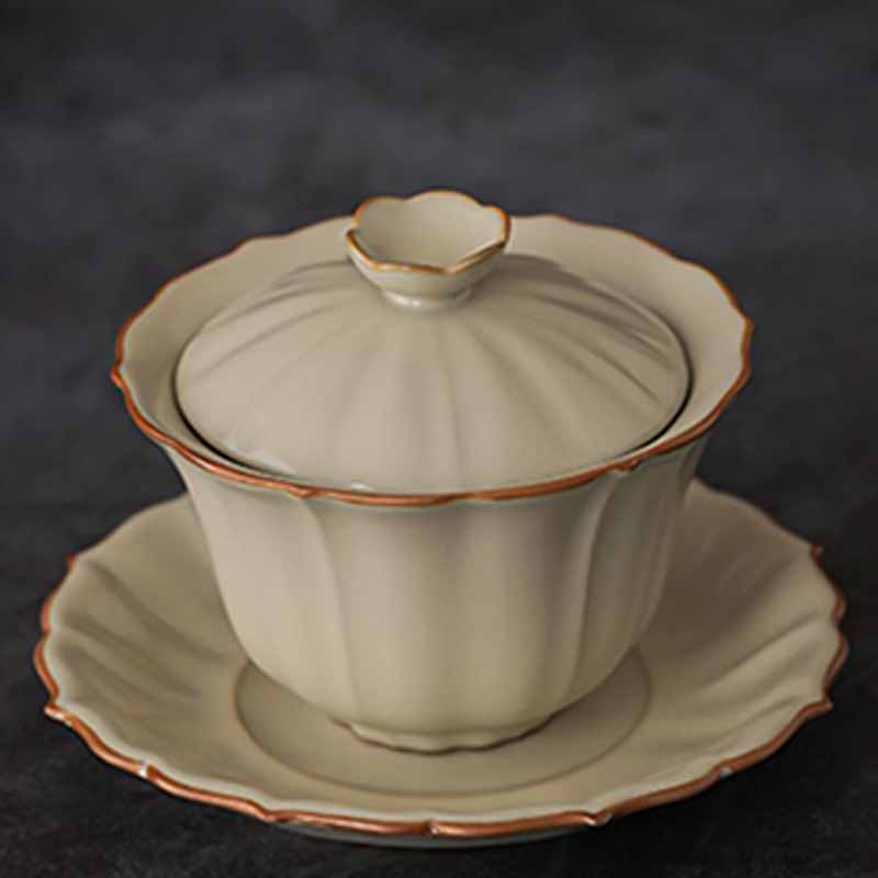 Buddha Stones, forma de flor de ciruelo Beige, rama de melocotón, taza de té de cerámica Gaiwan Sancai, taza de té de Kung Fu con tapa