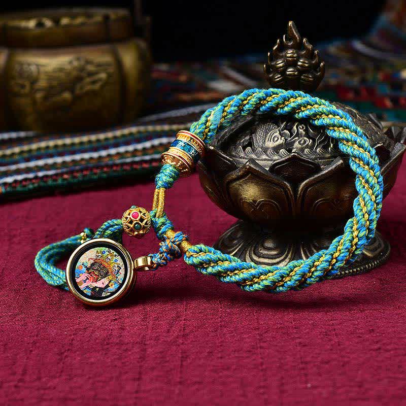 Pulsera de cuerda tejida con dije de rueda de oración Thangka de la suerte hecha a mano tibetana con Buddha Stones