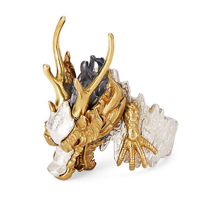 Colgante de anillo ajustable con protección de éxito de la suerte del dragón de plata de ley 925 con Buddha Stones