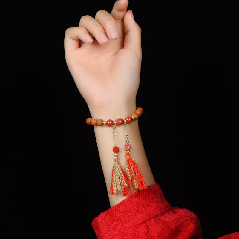 Pulsera de borlas de riqueza PiXiu de cinabrio de madera de melocotón Natural tibetana con Buddha Stones