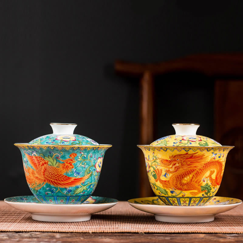 Taza de té de cerámica con diseño de flor de Fénix y dragón, Buddha Stones , Gaiwan Sancai, taza de té de Kung Fu y platillo con tapa