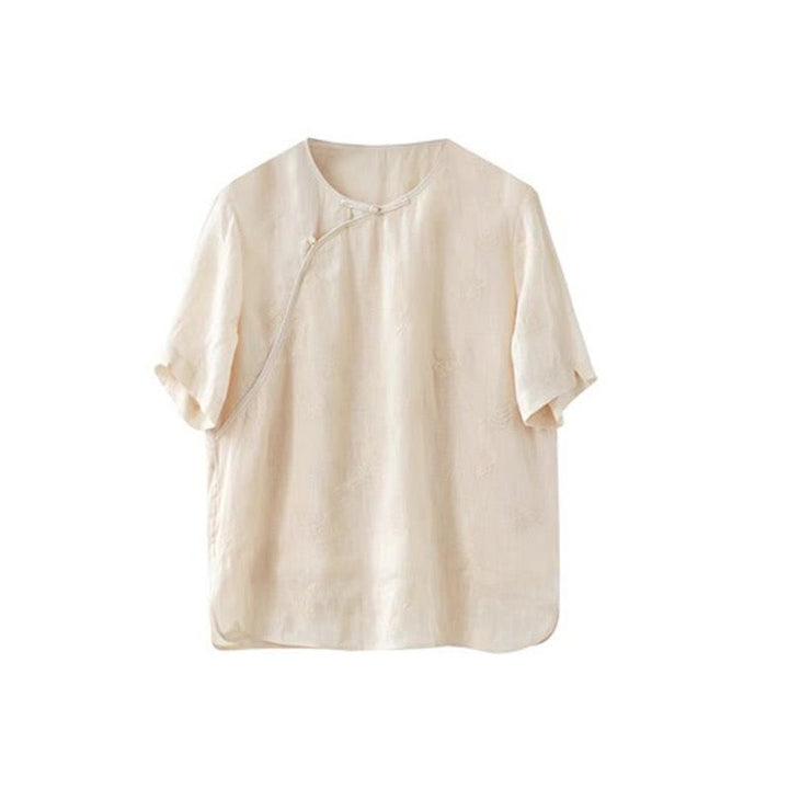 Blusa suelta de lino de ramio con Buddha Stones , camisa de manga corta, Top de estilo chino