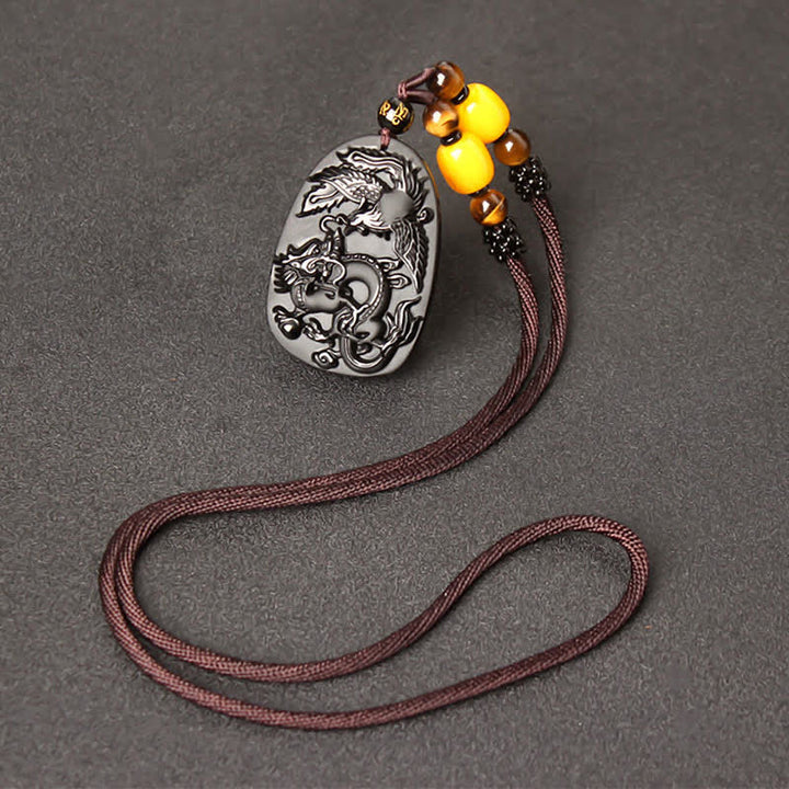 Colgante de collar con cuentas de protección de dragón y fénix de ojo de tigre de obsidiana negra