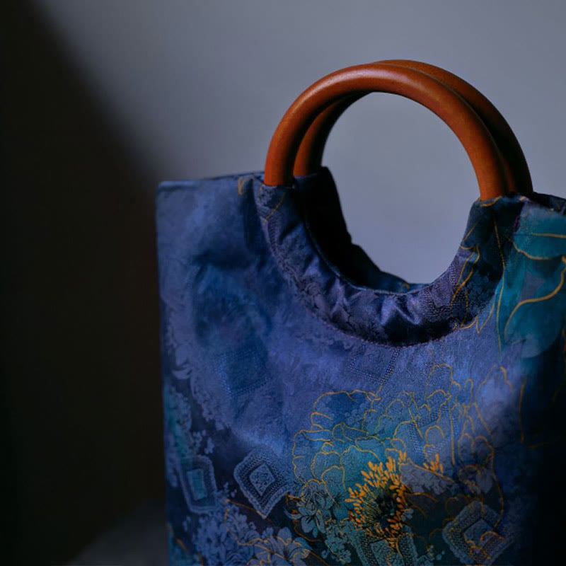 Bolso de mano con mango de madera maciza, Buddha Stones , flor de peonía, hojas de bambú, pájaro