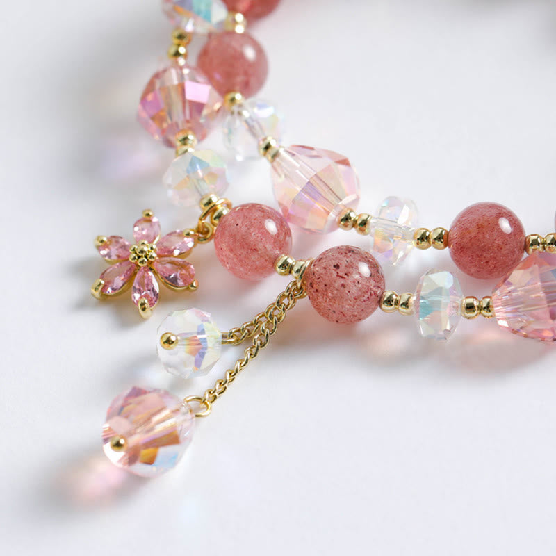 Pulsera de doble vuelta curativa con flores de circonita, cuarzo fresa y Buddha Stones