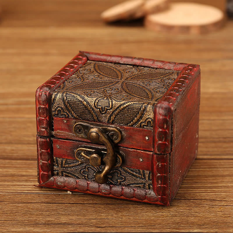 Caja de joyería de madera cuadrada pequeña Retro con Buddha Stones , flor de loto, uva, cobre, moneda, narciso, caja de almacenamiento de joyería