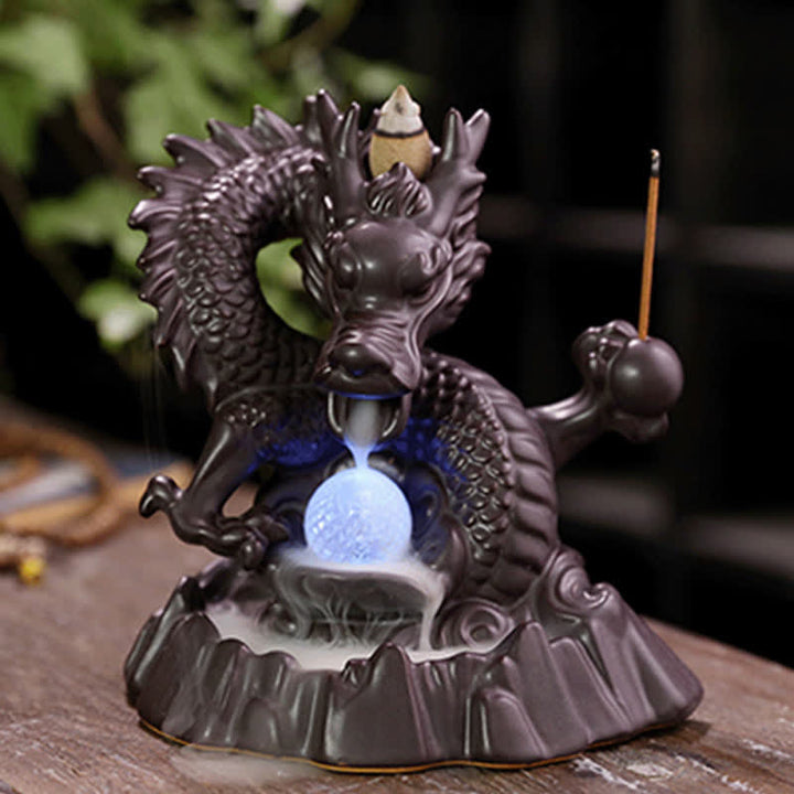 Quemador de incienso curativo para meditación, fuente de humo de reflujo de cerámica de dragón auspicioso, decoración de bola Led