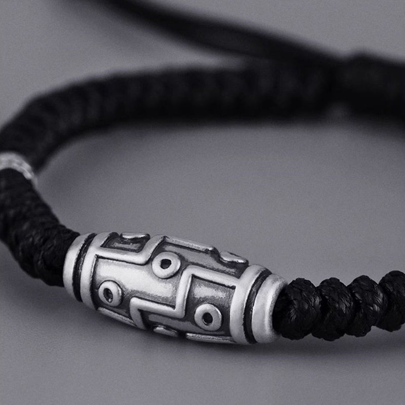 Pulsera de cuerda de bendición con patrón de cuentas Dzi de nueve ojos de plata de ley 999 con Buddha Stones