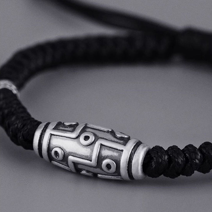 Pulsera de cuerda de bendición con patrón de cuentas Dzi de nueve ojos de plata de ley 999 con Buddha Stones