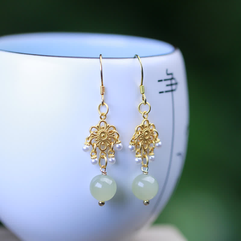 Pendientes colgantes con forma de gota de la suerte, chapados en oro de 14 quilates, con patrón de flores de jade hetiano - image 1