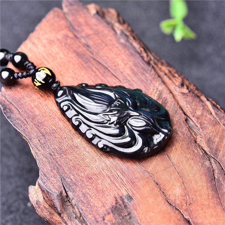 Buddha Stones, obsidiana arcoíris Natural, zorro de nueve colas, collar de paz interior, colgante de cuerda con cuentas