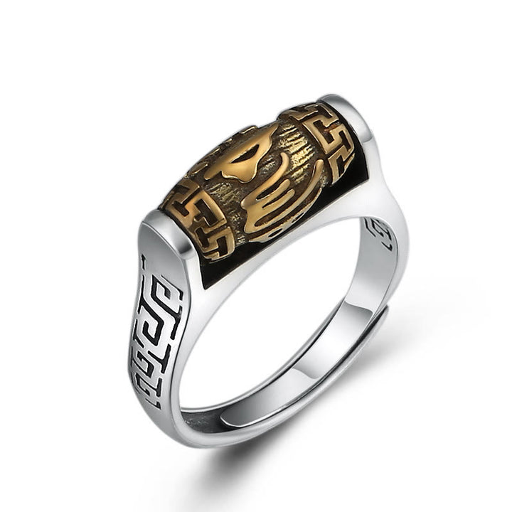 Anillo giratorio de pureza con diseño tallado de Om Mani Padme Hum del Tíbet con Buddha Stones