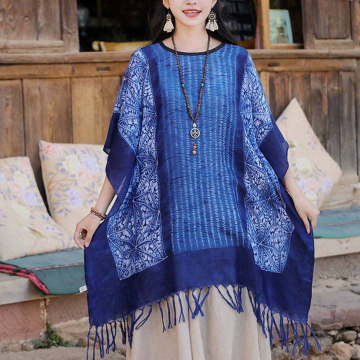 Jersey de viaje acogedor con borlas y chal Batik de rayas geométricas azules con Buddha Stones 90*95cm