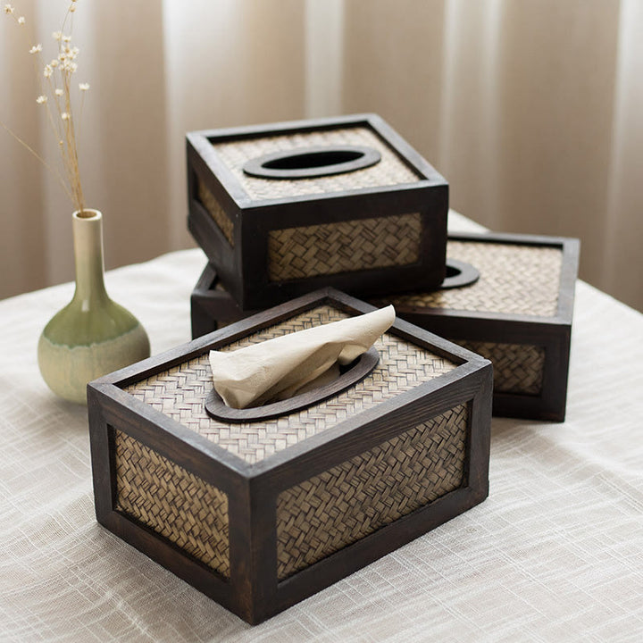 Caja de pañuelos de madera tejida de bambú hecha a mano, soporte de madera para pañuelos, cajas de toallitas, decoración