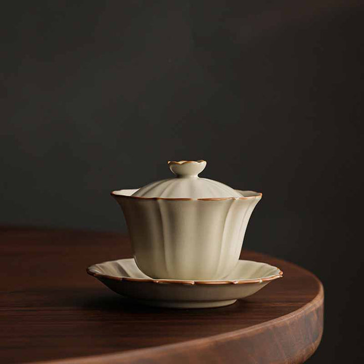 Buddha Stones, forma de flor de ciruelo Beige, rama de melocotón, taza de té de cerámica Gaiwan Sancai, taza de té de Kung Fu con tapa