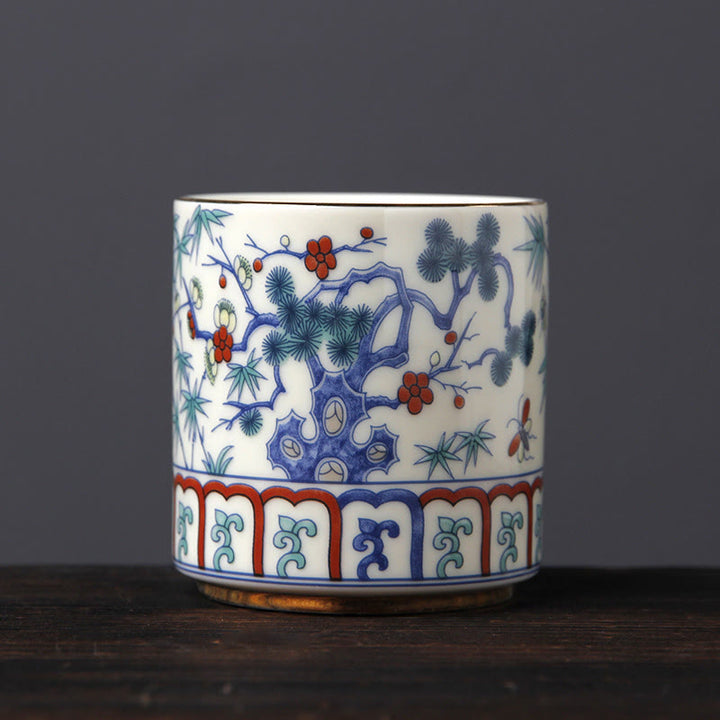 Tazas de té de cerámica con Buddha Stones, Vintage, flor de ciruelo, pino, bambú, Phoenix, Kirin, León, baile