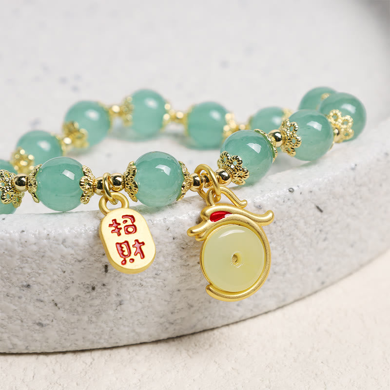Buddha Stones Año del Dragón Ágata Roja Aventurina Verde Hebilla de la Paz Personaje Fu Pulsera de la Fortuna de la Suerte