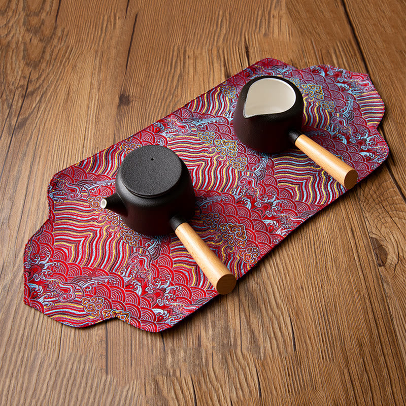 Tapete para taza con bordado de brocado de flor de ciruelo de bambú, posavasos para taza de té, Buddha Stones, ola de mar, tapete para té Kung Fu