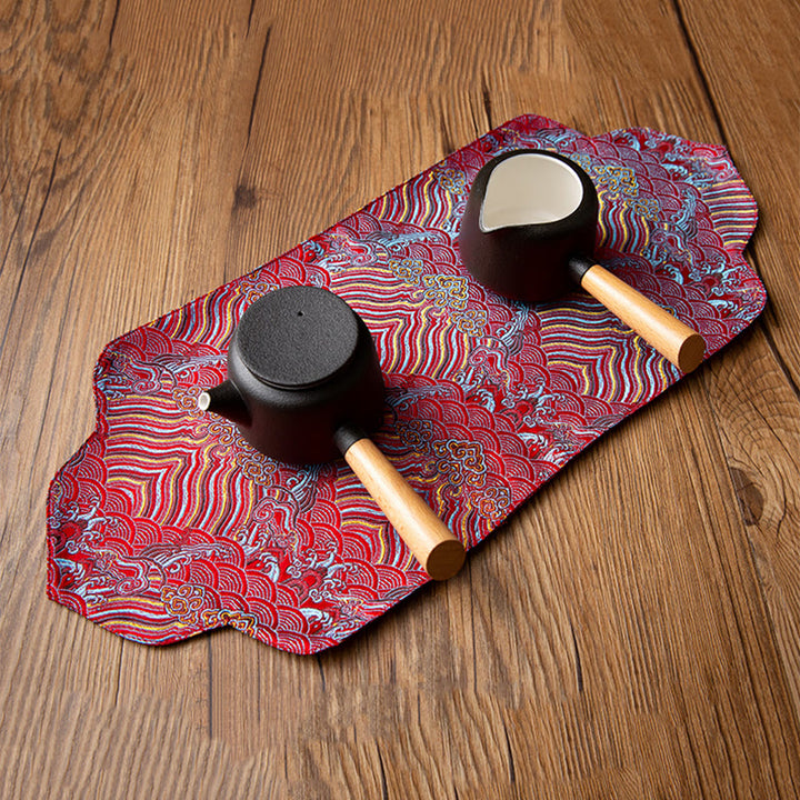 Tapete para taza con bordado de brocado de flor de ciruelo de bambú, posavasos para taza de té, Buddha Stones, ola de mar, tapete para té Kung Fu