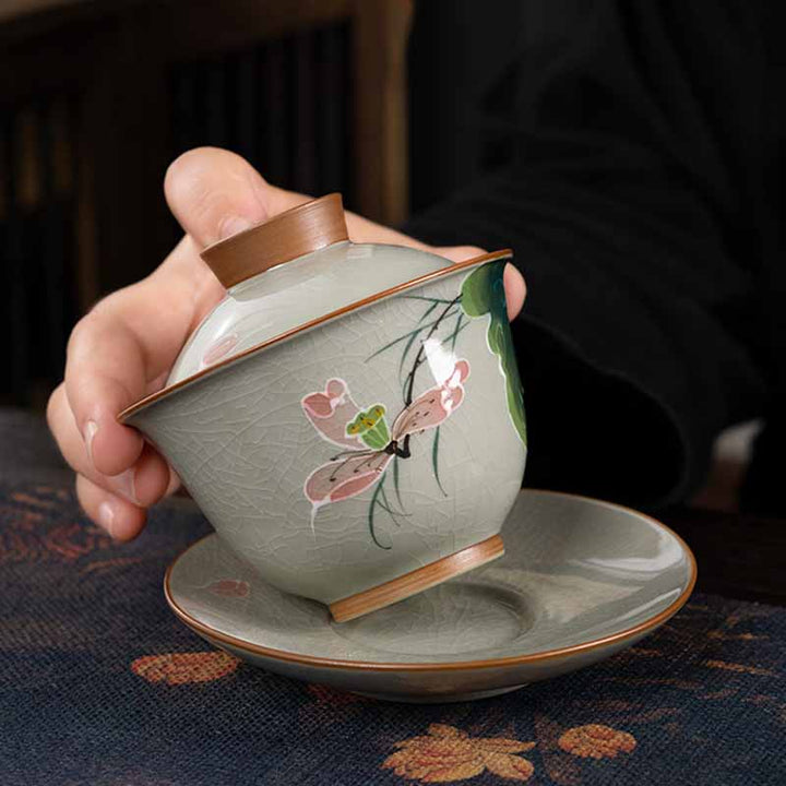 Buddha Stones, loto, pez Koi, hoja de vaina, taza de té de cerámica Gaiwan Sancai, taza de té de Kung Fu y platillo con tapa, 140ml
