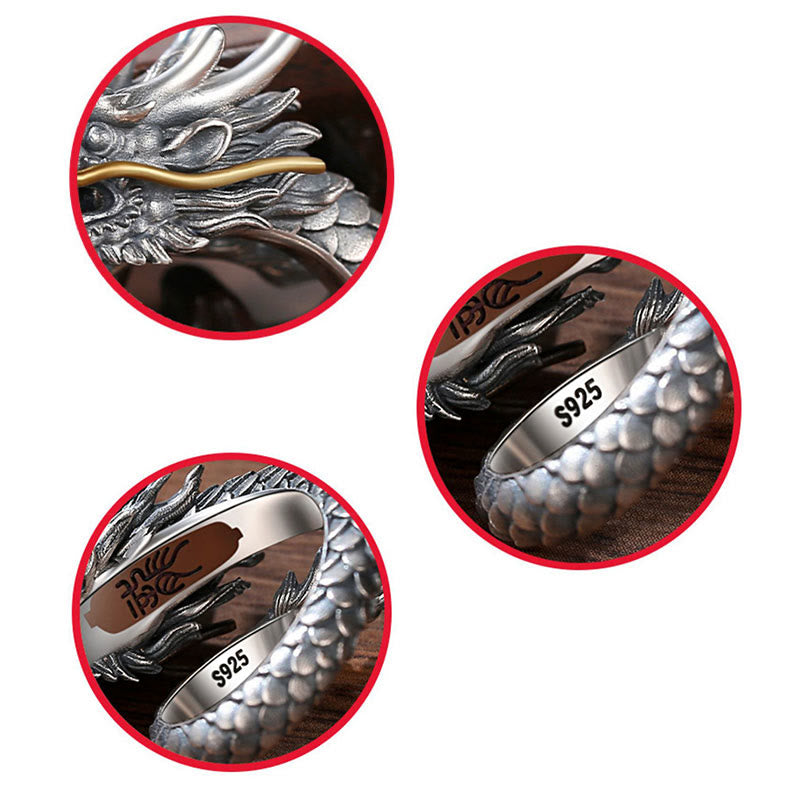 Anillo ajustable de fuerza de protección con diseño de dragón vintage de plata de ley 925 con Buddha Stones