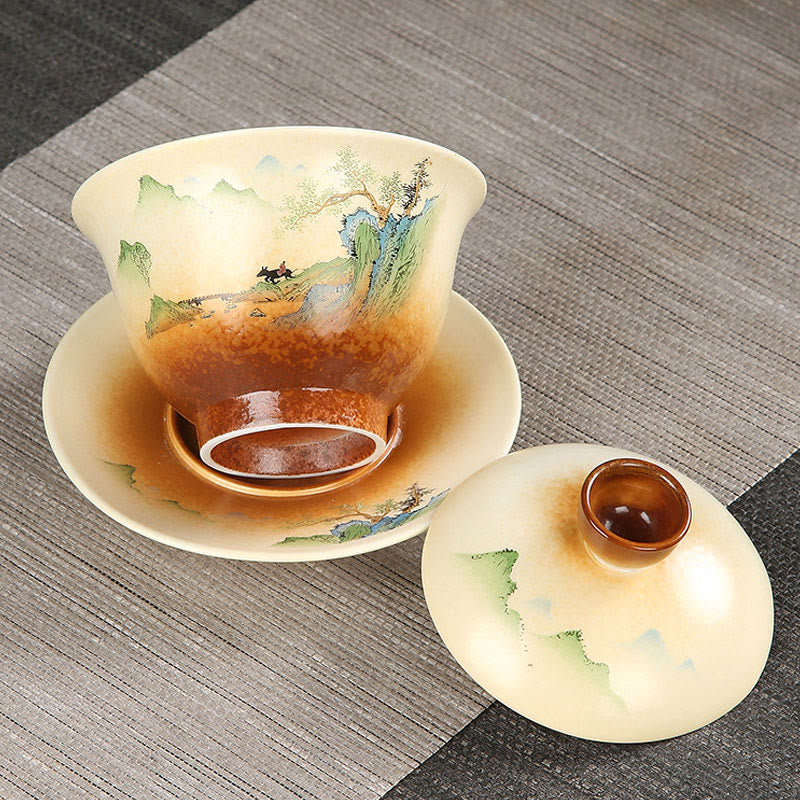 Taza de té y platillo con tapa, cerámica Gaiwan Sancai, paisaje de montaña, Buddha Stones, Kung Fu