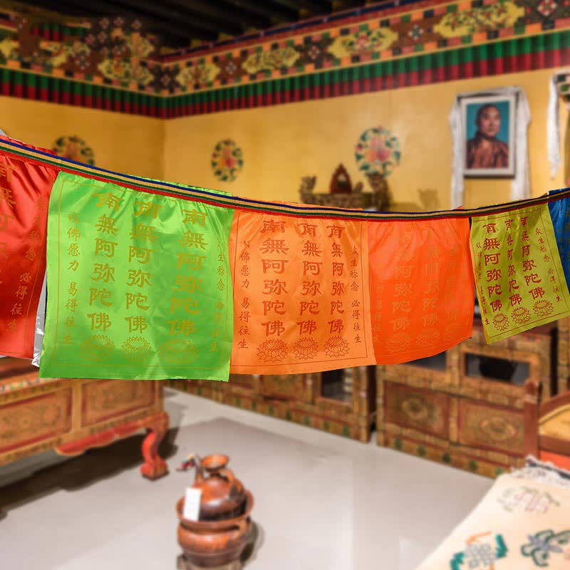 Buddha Stones Bandera de oración tibetana de 7 colores con la letra del caballo de viento y el loto auspicioso para exteriores (21 piezas) - image 1