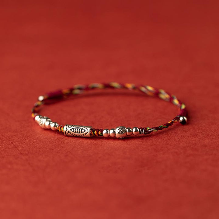 Pulsera tobillera de hilo colorido trenzado con pez Koi de la suerte de plata de ley 925 con Buddha Stones
