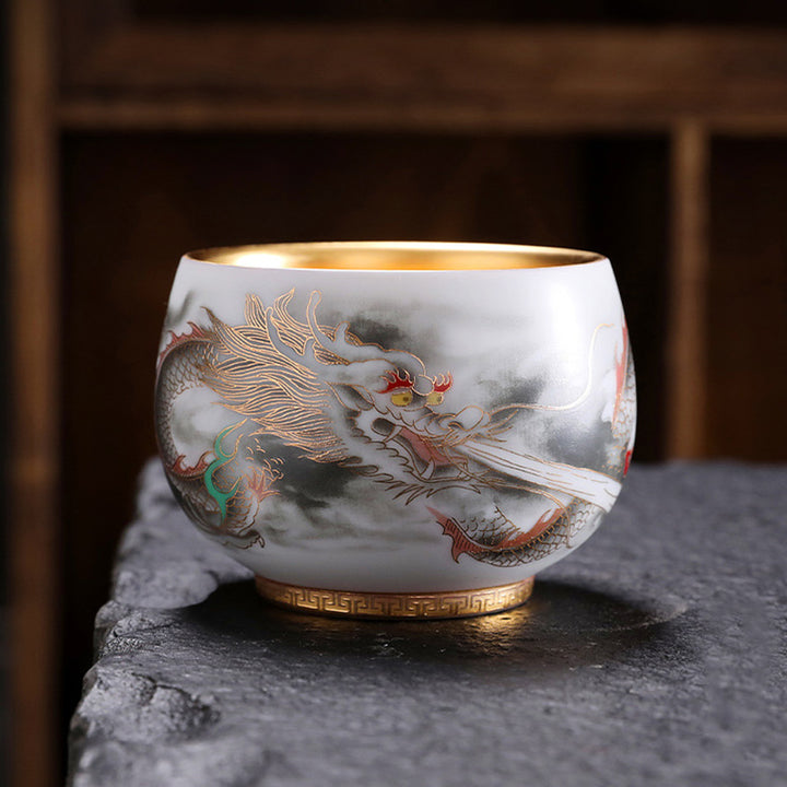 Taza de té de porcelana blanca de cerámica con calabaza dorada de dragón de Buddha Stones, taza de té de Kung Fu de 160ml