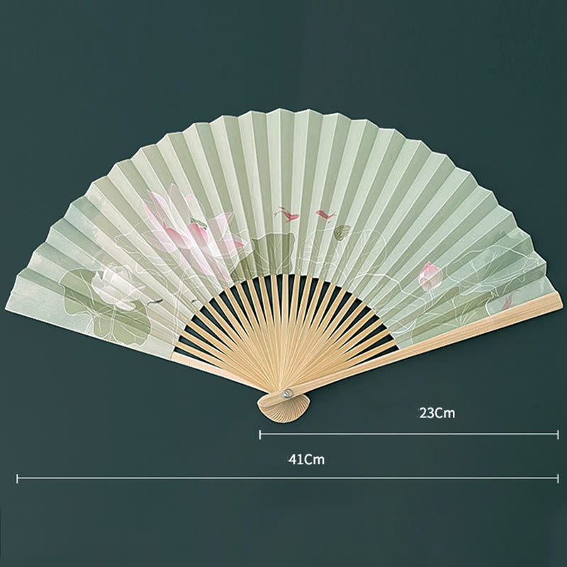 Abanico plegable de bambú con Buddha Stones, flores de loto, hojas, peces Koi, papel de mano