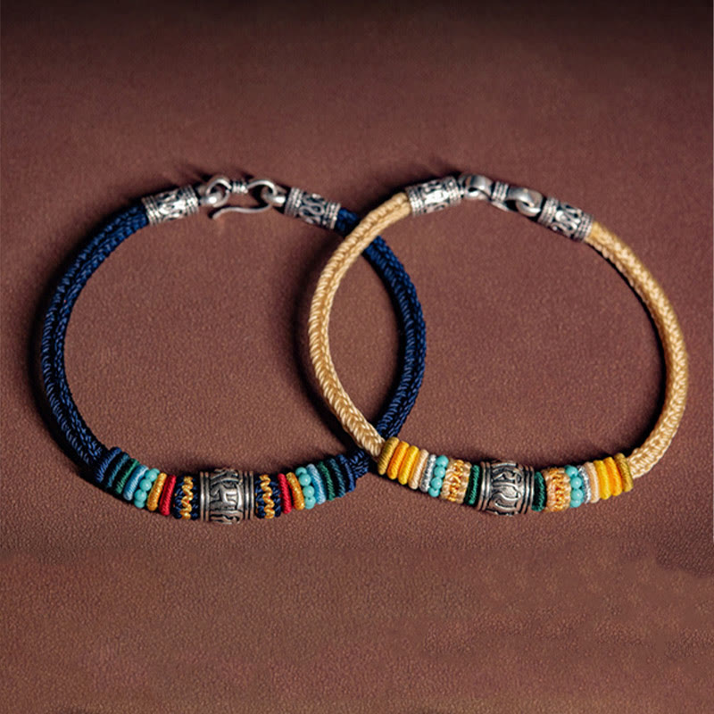 Pulsera trenzada de pureza Om Mani Padme Hum tibetana de plata de ley 925 hecha a mano con Buddha Stones