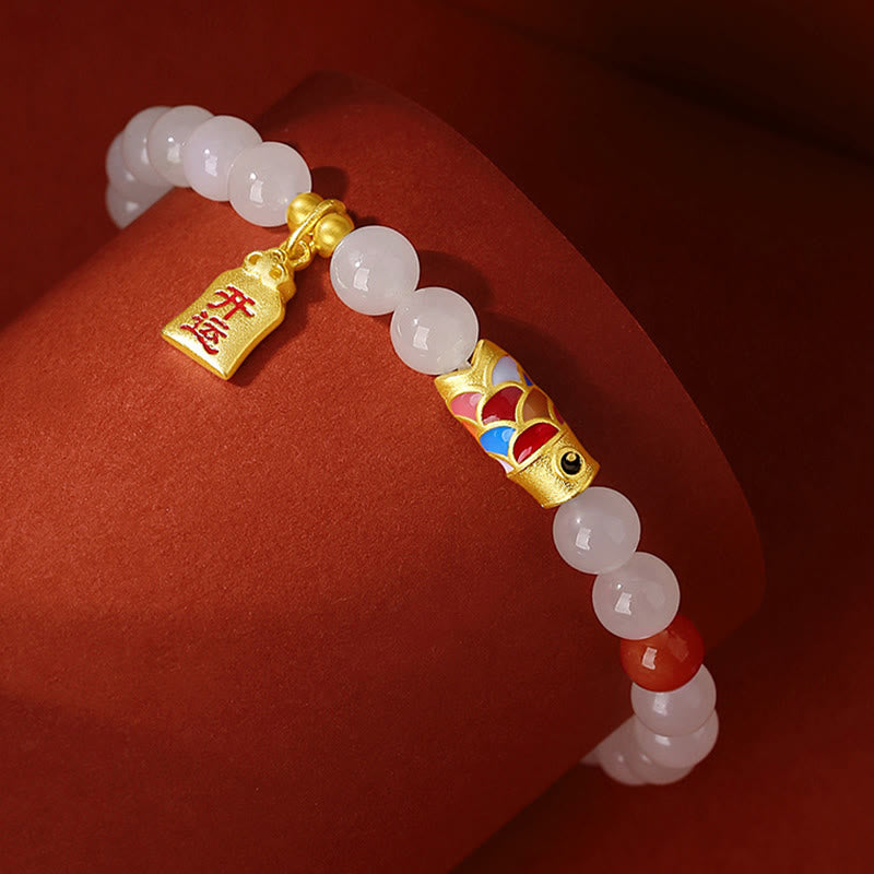 Pulsera de plata de ley 925 con Buddha Stones , jade blanco hetiano, ágata roja, pez Koi, suerte y felicidad