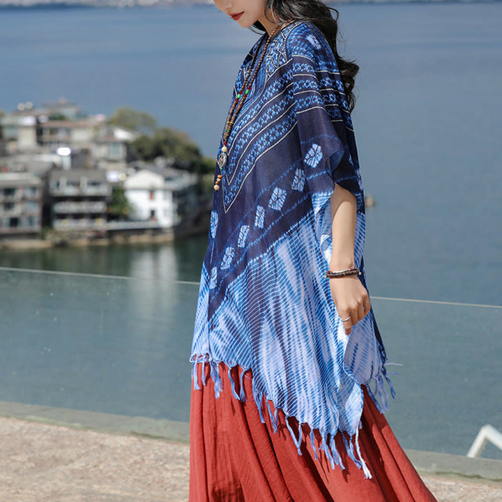 Jersey suave con chal Batik de rayas triangulares azules con Buddha Stones 90*95cm