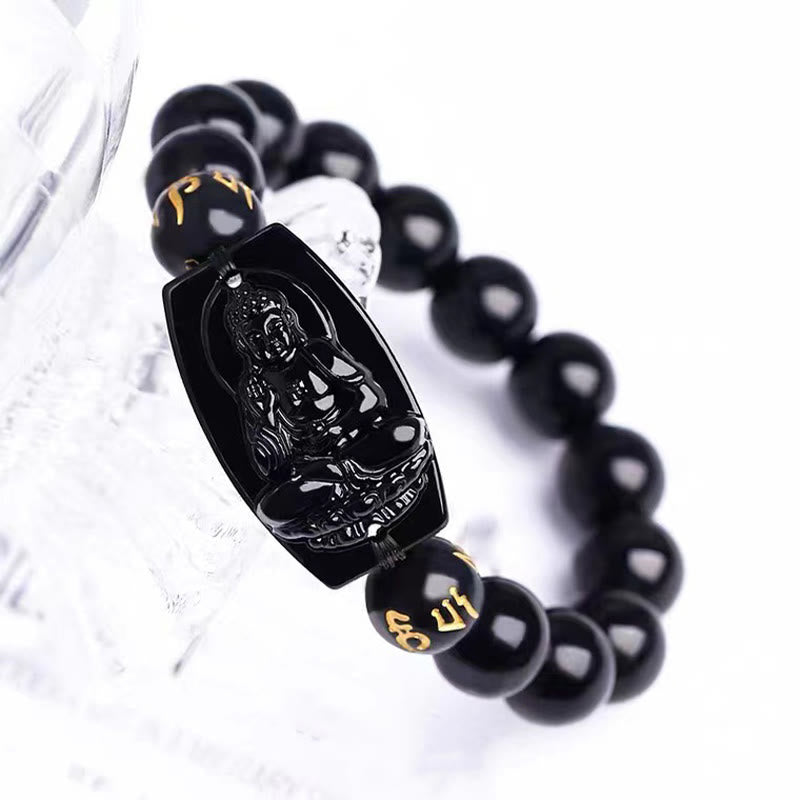 Pulsera de protección de obsidiana del zodiaco chino con Buddha Stones