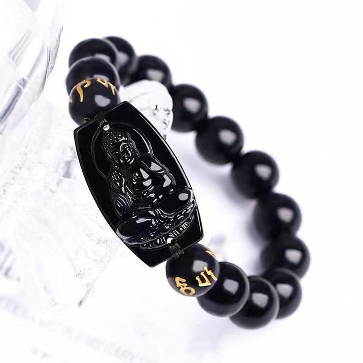 Pulsera de protección de obsidiana del zodiaco chino con Buddha Stones