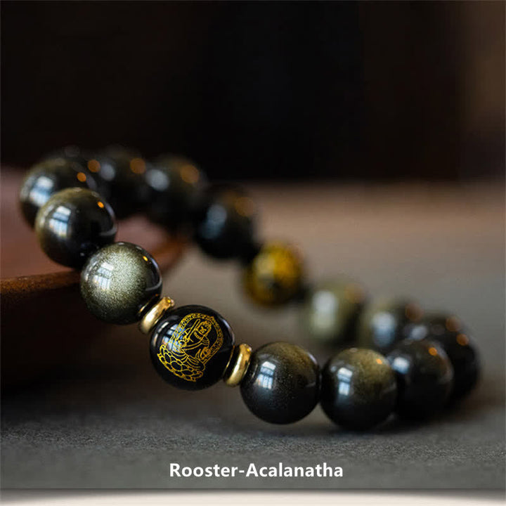 Pulsera de protección de la riqueza de obsidiana con brillo dorado del Buda Natal del zodíaco chino
