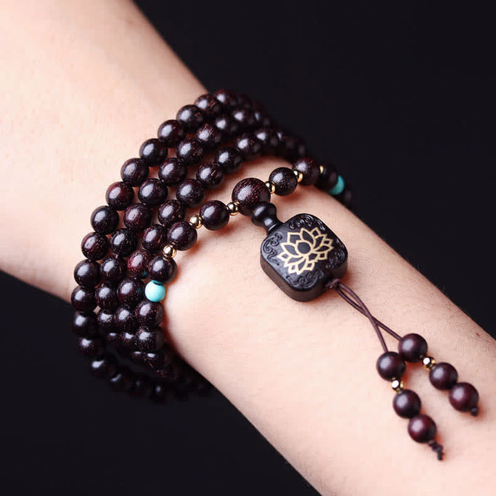 Buddha Stones 108 cuentas Mala tibetanas hoja pequeña sándalo rojo pulsera de equilibrio de loto