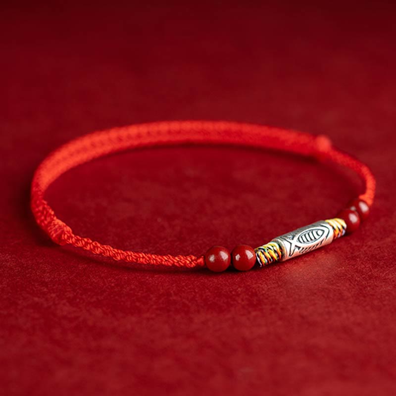 Pulsera tobillera trenzada hecha a mano con cuentas de cinabrio y pez Koi de plata de ley 925 con Buddha Stones