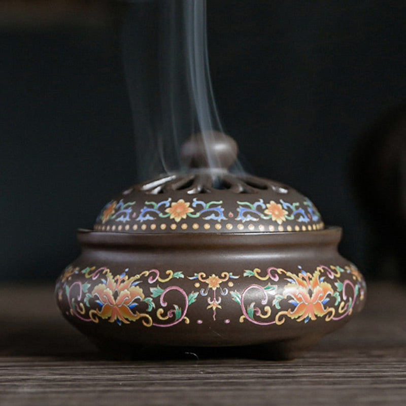 Quemador de incienso de cerámica para meditación, fuente de humo de reflujo con patrón Floral de dragón, decoración