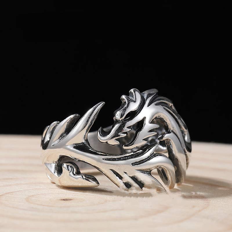Anillo ajustable de fuerza de protección con patrón de dragón de Buddha Stones