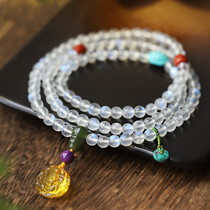 Buddha Stones 108 cuentas Mala piedra lunar ámbar loto turquesa pulsera curativa de cristal