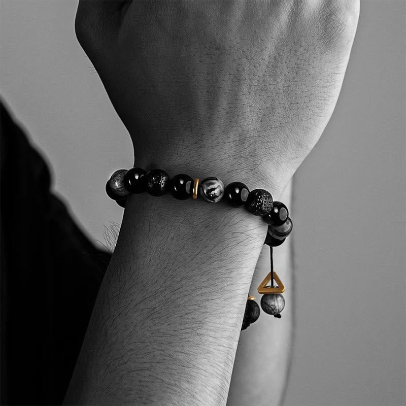 Pulsera de fuerza Yin Yang de piedra de roca de lava de obsidiana negra con Buddha Stones