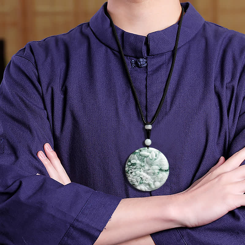 Collar de cadena de abundancia de jade con paisaje de montaña de Buddha Stones