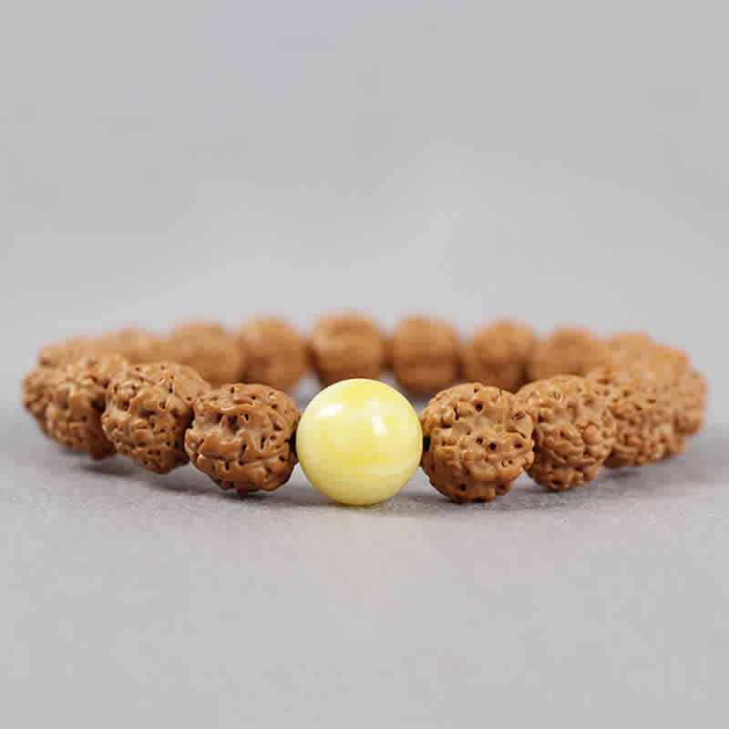Buddha Stones Tíbet Rudraksha Bodhi Semilla Dzi Cuenta Ámbar Turquesa Pulsera de Riqueza