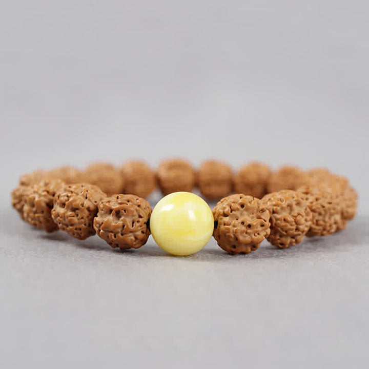 Buddha Stones Tíbet Rudraksha Bodhi Semilla Dzi Cuenta Ámbar Turquesa Pulsera de Riqueza
