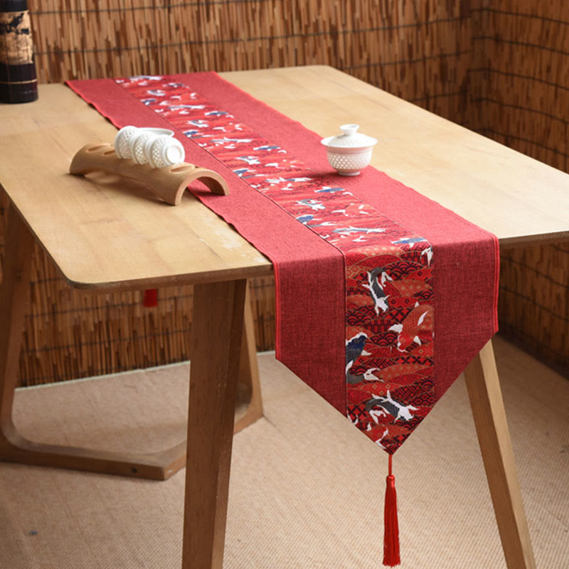 Camino de mesa con borlas de lino y algodón, Buddha Stones, estilo chino clásico, loto, pez Koi, flor, grulla, caligrafía, iluminación