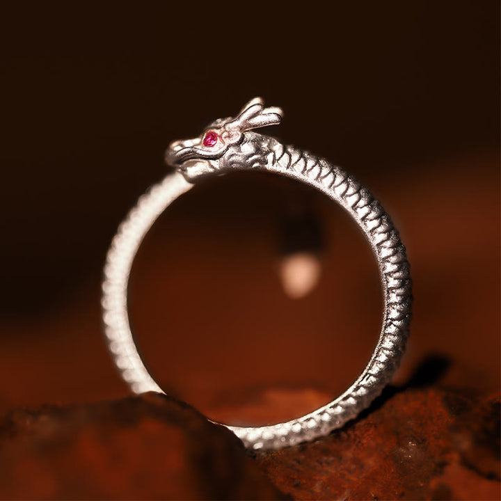 Anillo ajustable de plata de ley 925 con Buddha Stones , diseño vintage del Año del Dragón, protección de la suerte