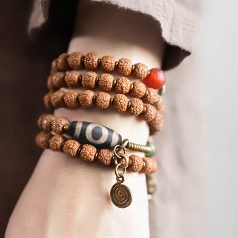 108 cuentas de Mala Rudraksha, semilla Bodhi, cuentas Dzi, pulsera de borlas de suerte auspiciosa