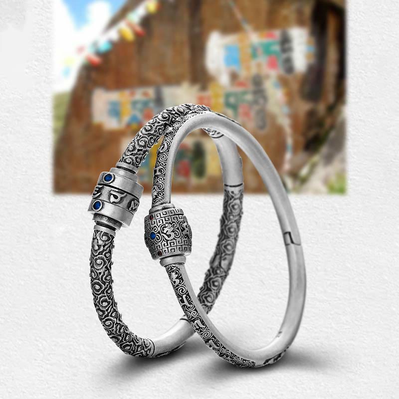 Pulsera de creatividad grabada con Buddha Stones de plata de ley 990, nubes auspiciosas tibetanas, Om Mani Padme Hum