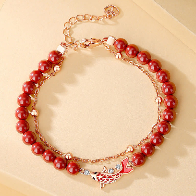 Pulsera de cadena de doble capa con Buddha Stones, Plata de Ley 925, pez Koi de la suerte, circón cinabrio, prosperidad